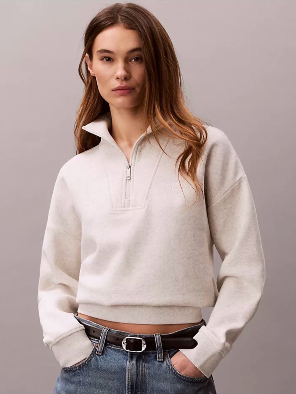 Calvin Klein Cropped Half-Zip Sweatshirt in Cream